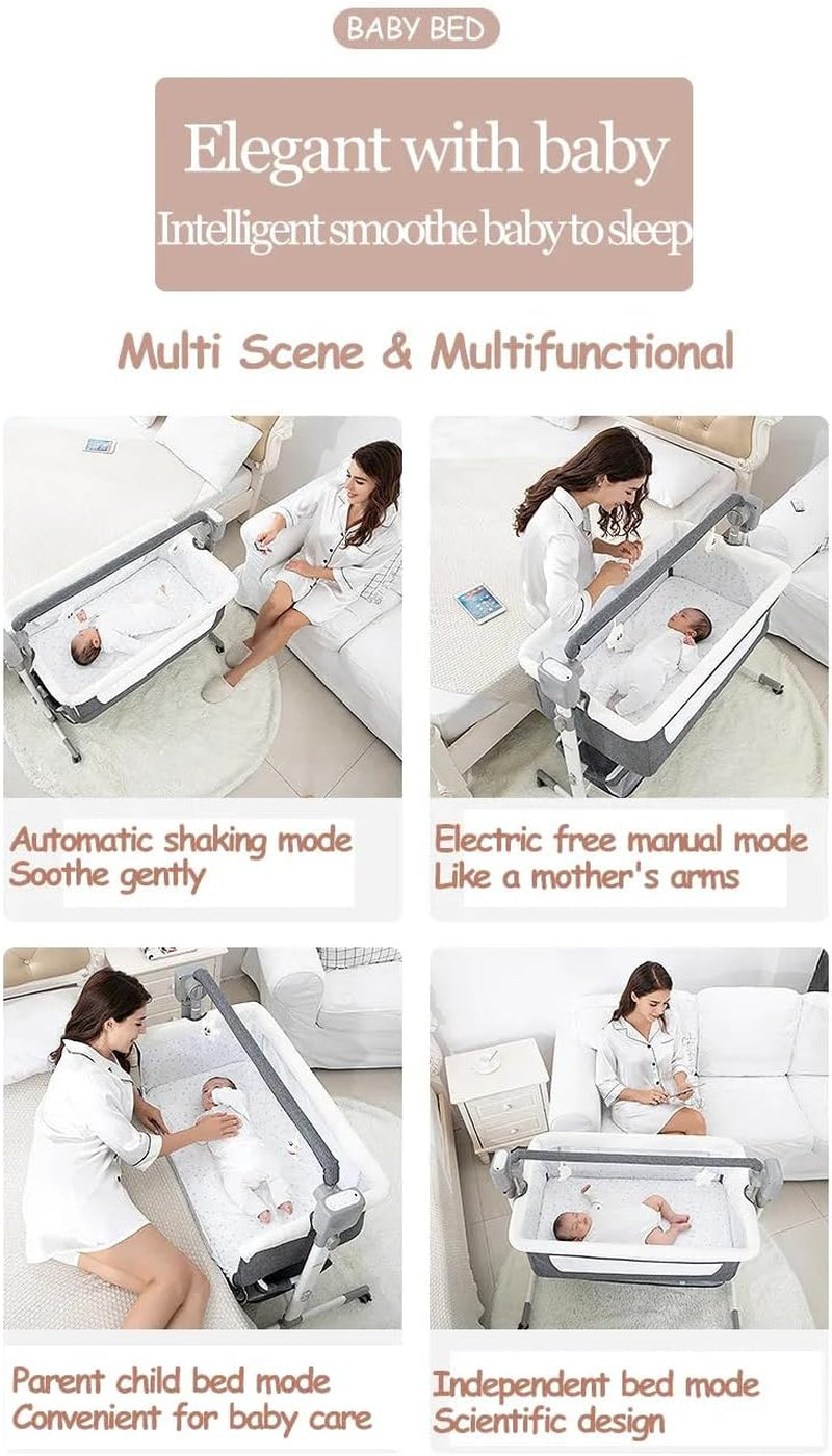Electric Bluetooth Smart Bassinet for Co-Sleeping, Convertible and Portable Baby Bedside Crib, Foldable Newborn Bedside Bed, Toddler Cradle with Mattress and Remote Control（601 Pink