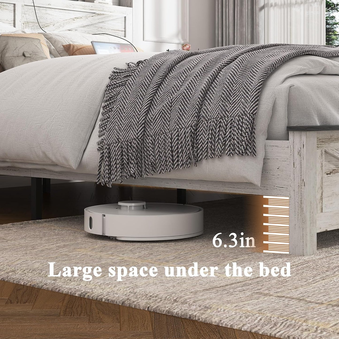 Farmhouse Wooden Bed Frame Full Size with Storage Headboard, Boho Platform Bedframe with LED Lights and Charging Station, Metal Slats Support, No Box Spring Needed, White