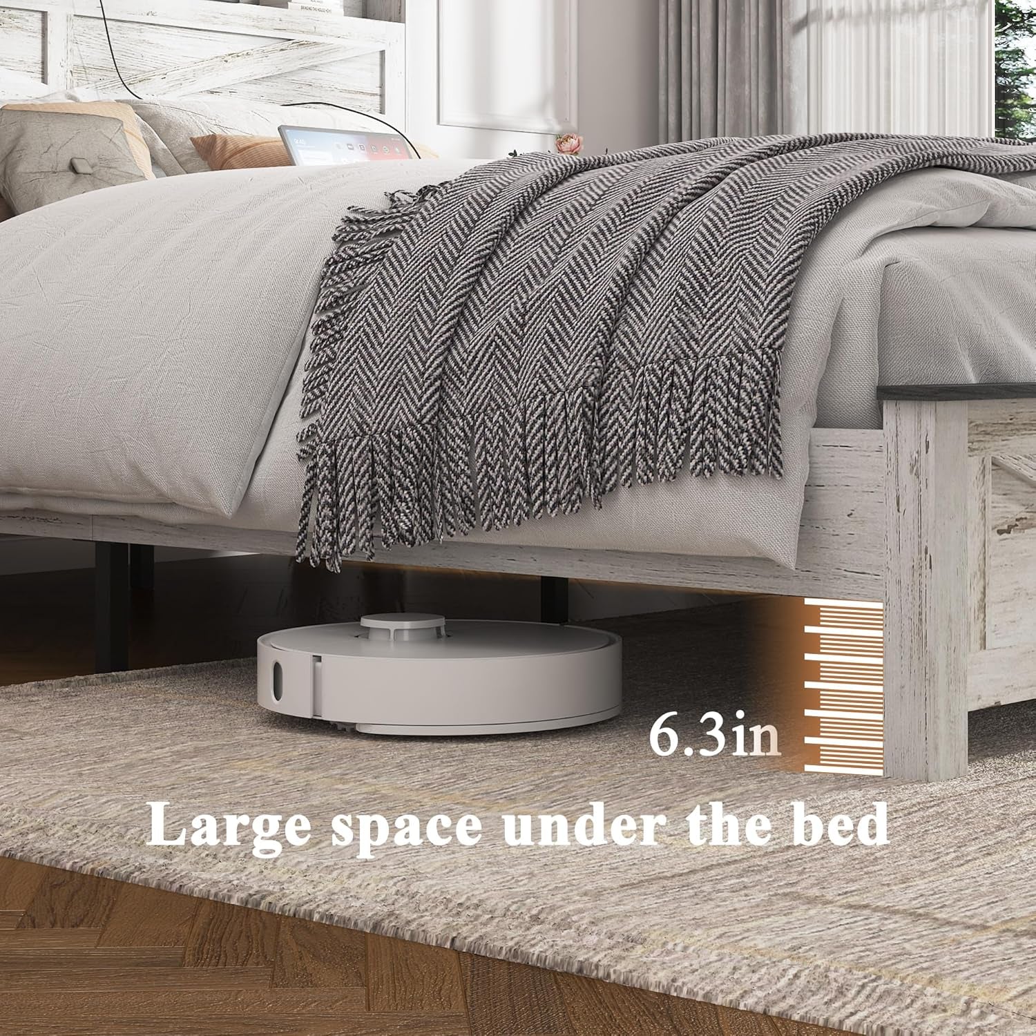 Farmhouse Wooden Bed Frame Full Size with Storage Headboard, Boho Platform Bedframe with LED Lights and Charging Station, Metal Slats Support, No Box Spring Needed, White