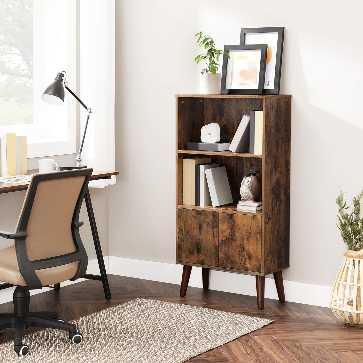 Bookcase, 2-Tier Retro Bookshelf with Doors, Storage Cabinet for Books, Photos, Decorations in Living Room, Office, Study, Mid-Century Style, Rustic Brown ULBC09BX