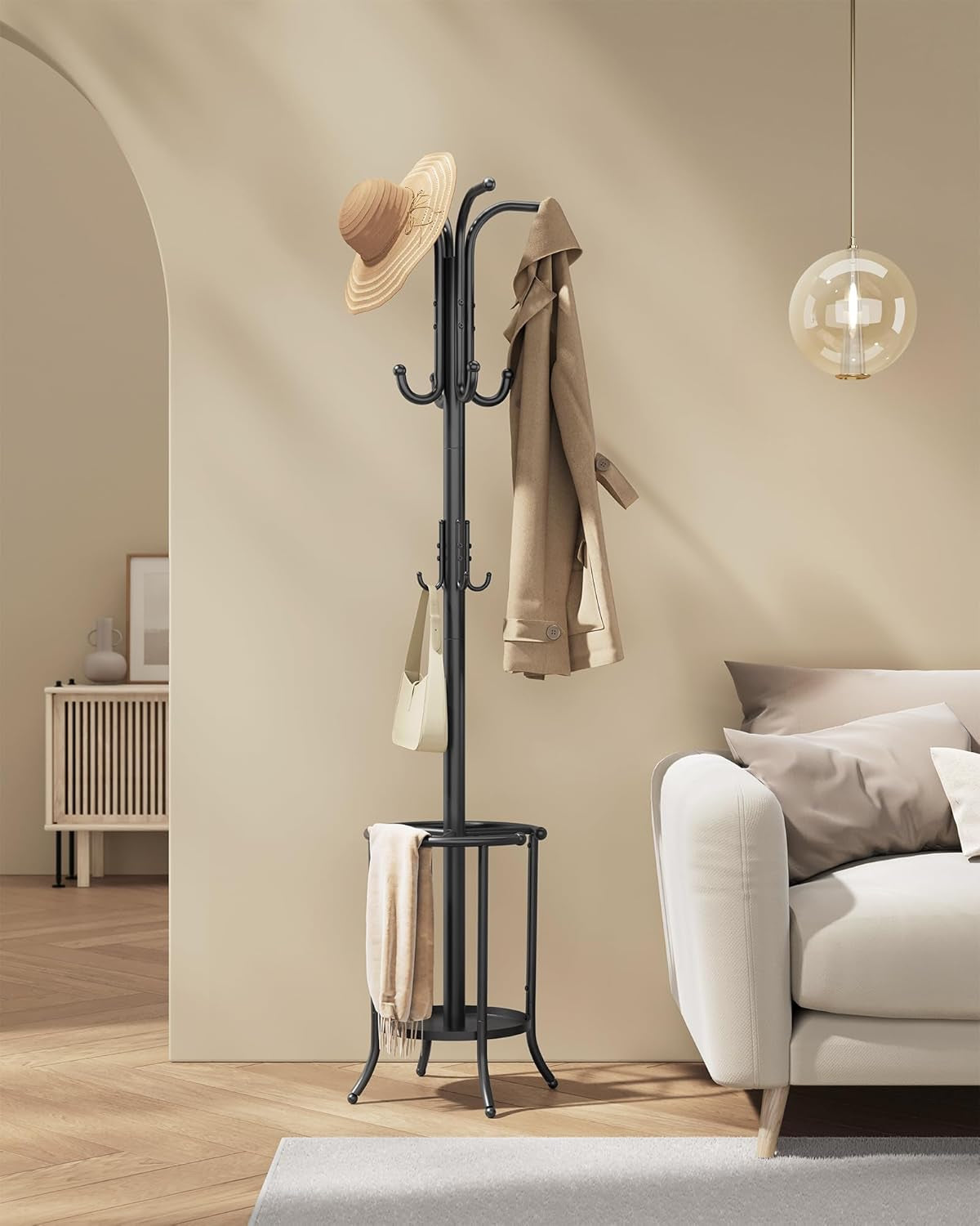 Coat Rack Freestanding, Coat Rack with Umbrella Holder with 12 Hooks, for Entryway, Hallway, Living Room, Bedroom, Ink Black URCR011B01