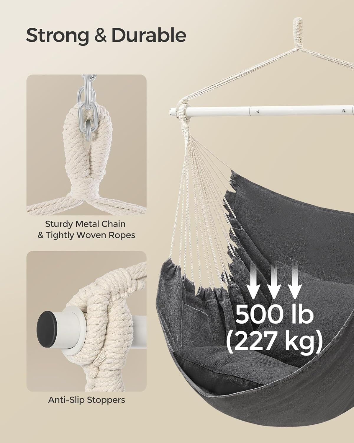 Hammock Chair, Load Capacity 500 Lb, Hanging Chair with 2 Cushions, Large Hammock Swing with Chain and Pocket, for Indoor, Outdoor, Living Room, Bedroom, Slate Gray UGDC197G02