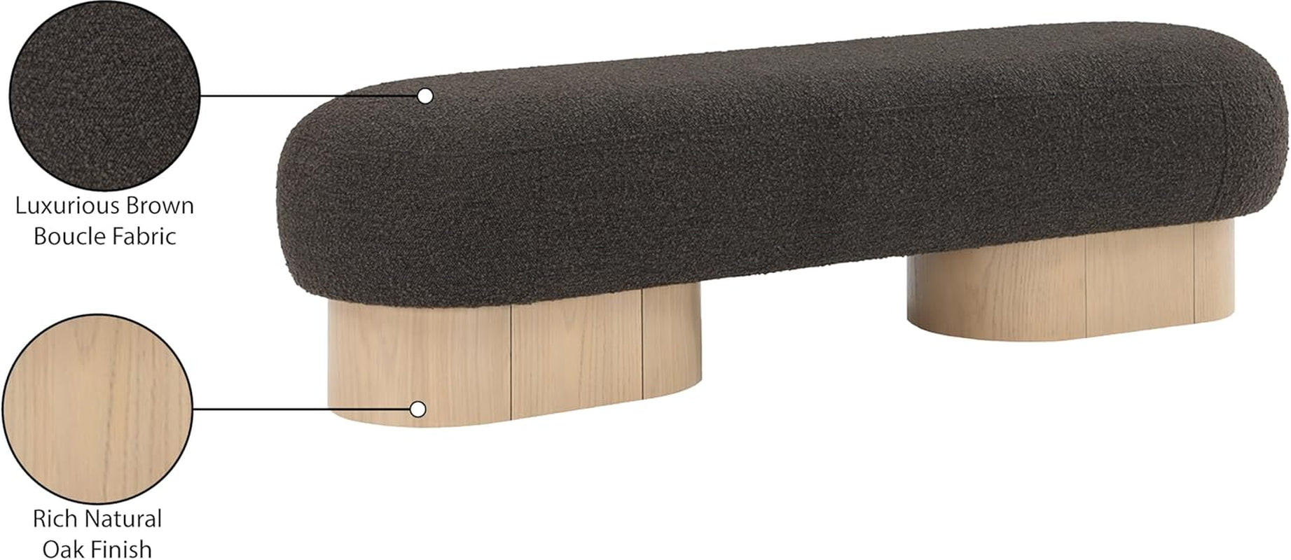 22001Brown Robertson Collection Art Deco Bench with Luxurious Brown Boucle Fabric and Rich Natural Oak Finish, 60.5" W X 18" D X 16" H, Brown