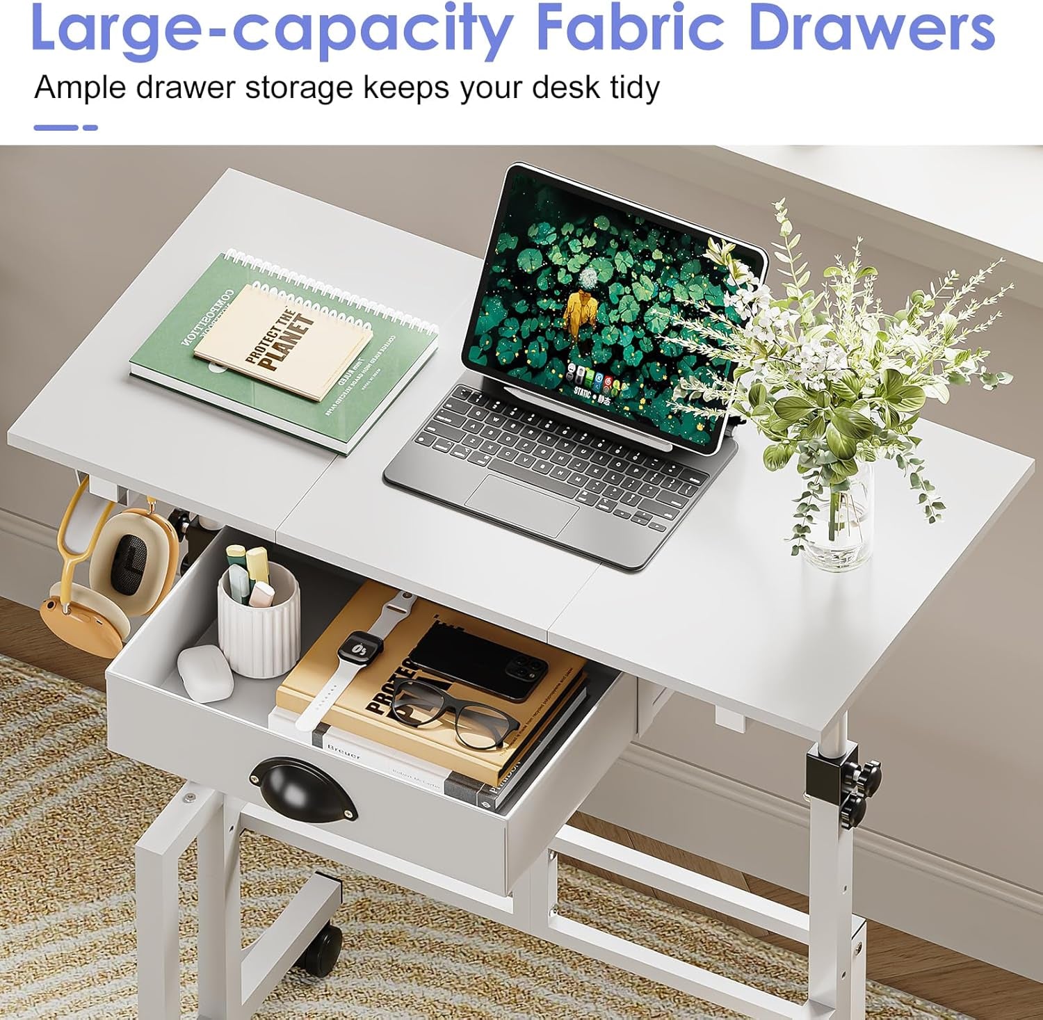 Samll White Standing Computer Desk with Drawers,Height Adjustable Home Office Sit Stand up Desk with 4 Wheels & 2 Hooks,Portable Rolling Work Study Gaming Table for Laptop Tablet Walking Pad Treadmill