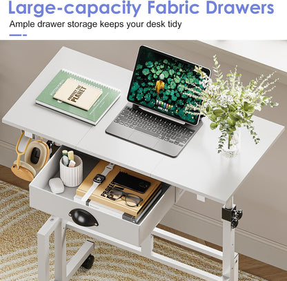 Samll White Standing Computer Desk with Drawers,Height Adjustable Home Office Sit Stand up Desk with 4 Wheels & 2 Hooks,Portable Rolling Work Study Gaming Table for Laptop Tablet Walking Pad Treadmill