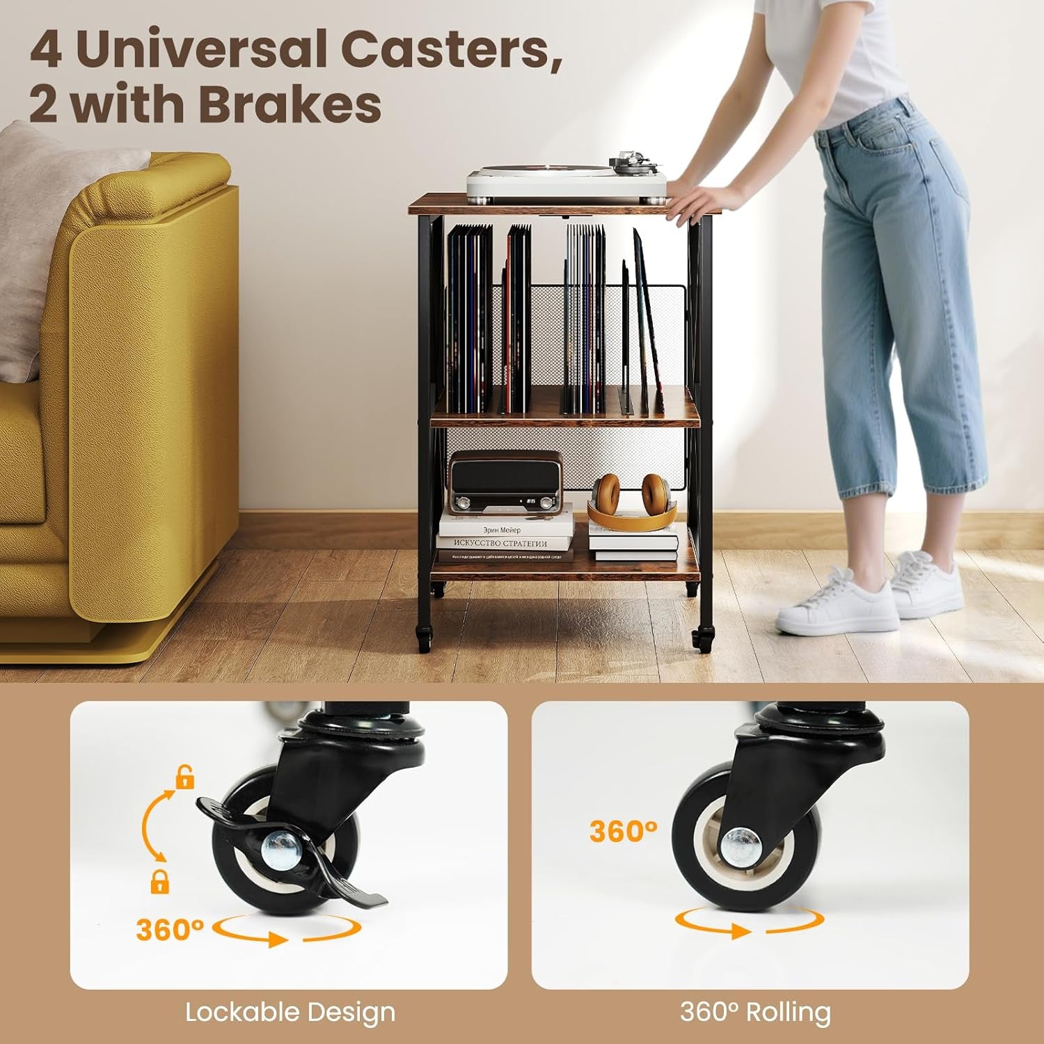 Record Player Stand with Charging Station, Turntable Stand with Record Storage & 4 Rolling Wheels, Vinyl Record Storage Table up to 250 Albums for Living Room, Bedroom (Dark Brown)