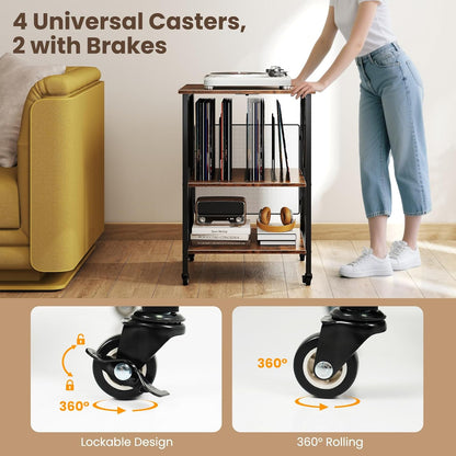 Record Player Stand with Charging Station, Turntable Stand with Record Storage & 4 Rolling Wheels, Vinyl Record Storage Table up to 250 Albums for Living Room, Bedroom (Dark Brown)