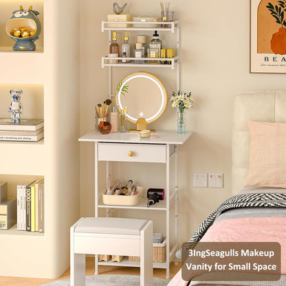 Small Vanity Desk without Mirror, Makeup Vanity Table for Small Space, Compact White Dressing Table with Fabric Drawers, Makeup Vanity with Storage for Bedroom, White, 23.6In（W）