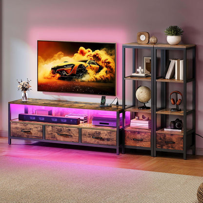 TV Stands for 65 Inch TV Entertainment Center with 2 Industrial 4-Tier Bookshelves, LED TV Stands for Living Room, Modern Farmhouse TV Console Cabinet with Power Outlets, Rustic Brown