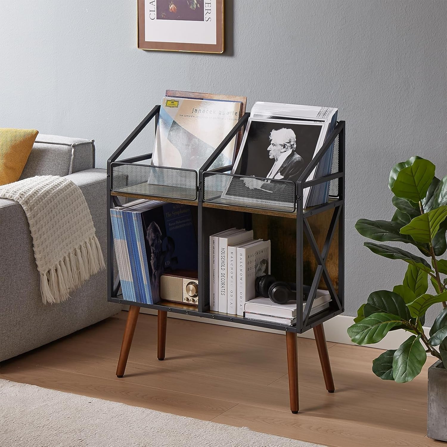 Vinyl Record Storage Holder Rack,250 LP Wooden Record Display Table for Albums Books Magazines Files for Living Room Bedroom Patent Pending