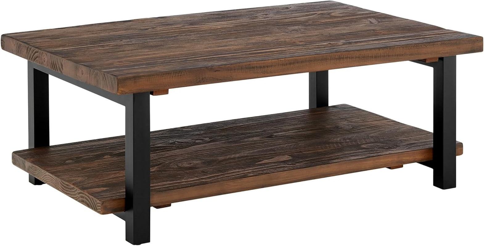 Pomona Rustic Industrial 2-Tier Rectangular Coffee Table – 48” Solid Wood Top with Shelf, Metal Legs, and Reclaimed Finish – Farmhouse Style Living Room Furniture