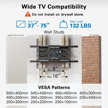 Full Motion TV Wall Mount for 37-75 Inch Tvs up to 132 Lbs, TV Mount with Swivel Articulating Arm, Wall Mount Bracket Fits 12"/16" Wood Studs, Tool-Free Tilt, Max Vesa 600X400Mm
