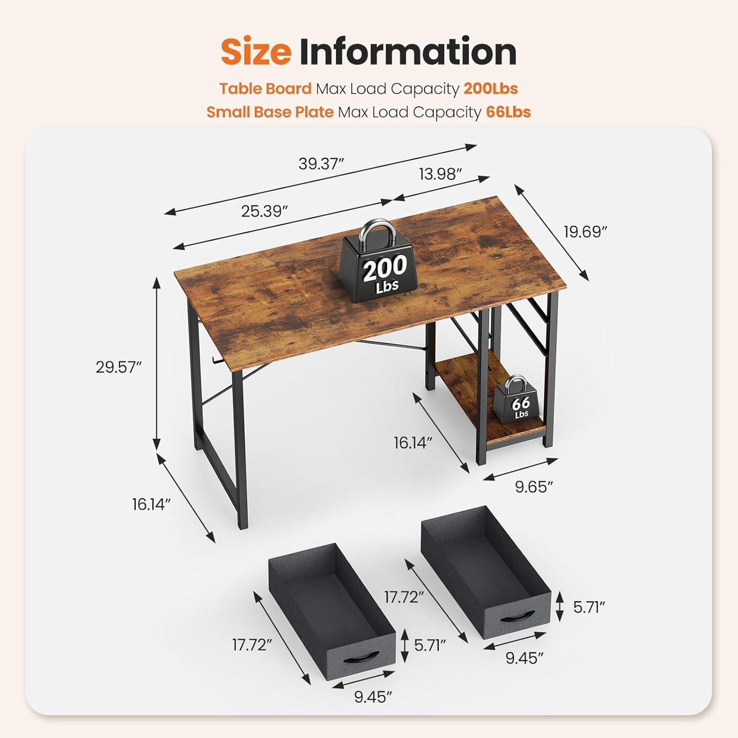 40 Inch Computer Desk with Drawers for Home Office, Writing Desk with X-Shaped Reinforcement, Wood Table with Adjustable Position Drawers, Modern Study Work Table with Side Hook, Rust