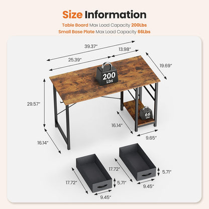 40 Inch Computer Desk with Drawers for Home Office, Writing Desk with X-Shaped Reinforcement, Wood Table with Adjustable Position Drawers, Modern Study Work Table with Side Hook, Rust