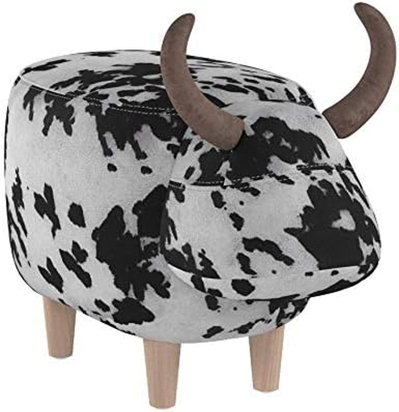 Bessie Patterned Velvet Cow Ottoman, Black and White Cow Hide / Natural