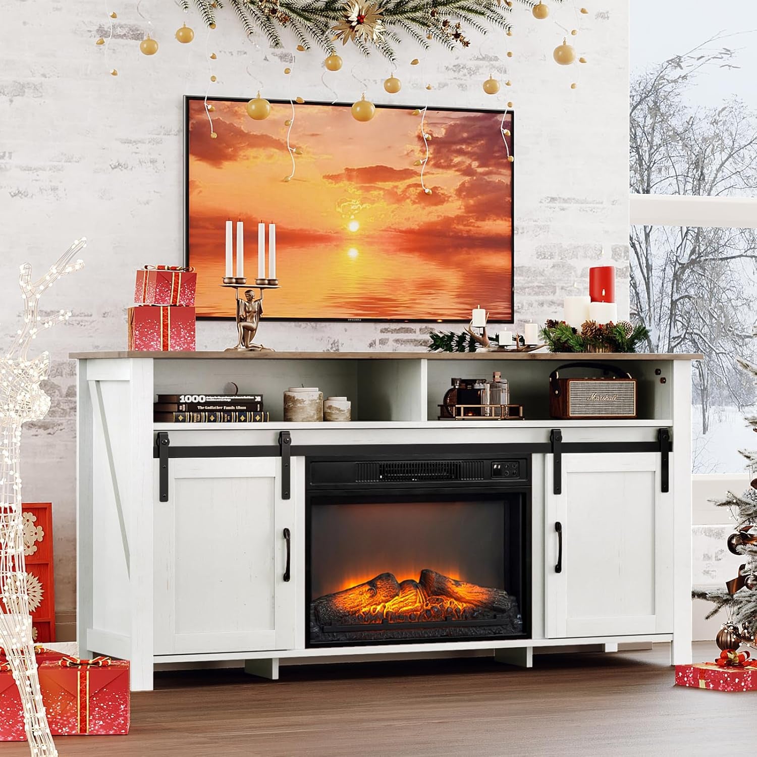 Fireplace TV Stand with Sliding Barn Door for 70 Inch TV, Farmhouse Entertainment Center ＆ 23" Fireplace, Media Console Table with Storage Cabinets for Living Room, Distressed White & Barnwood