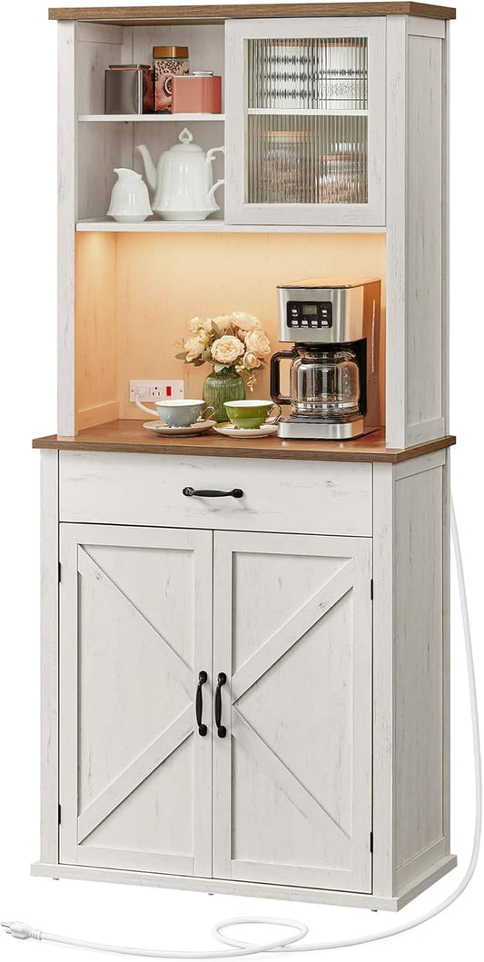71" Kitchen Pantry Cabinet with Lights and Charging Station, Coffee Bar Cabinet with Doors and Drawer, Farmhouse Style, Adjustable Shelves, Rustic White UBBK363W12