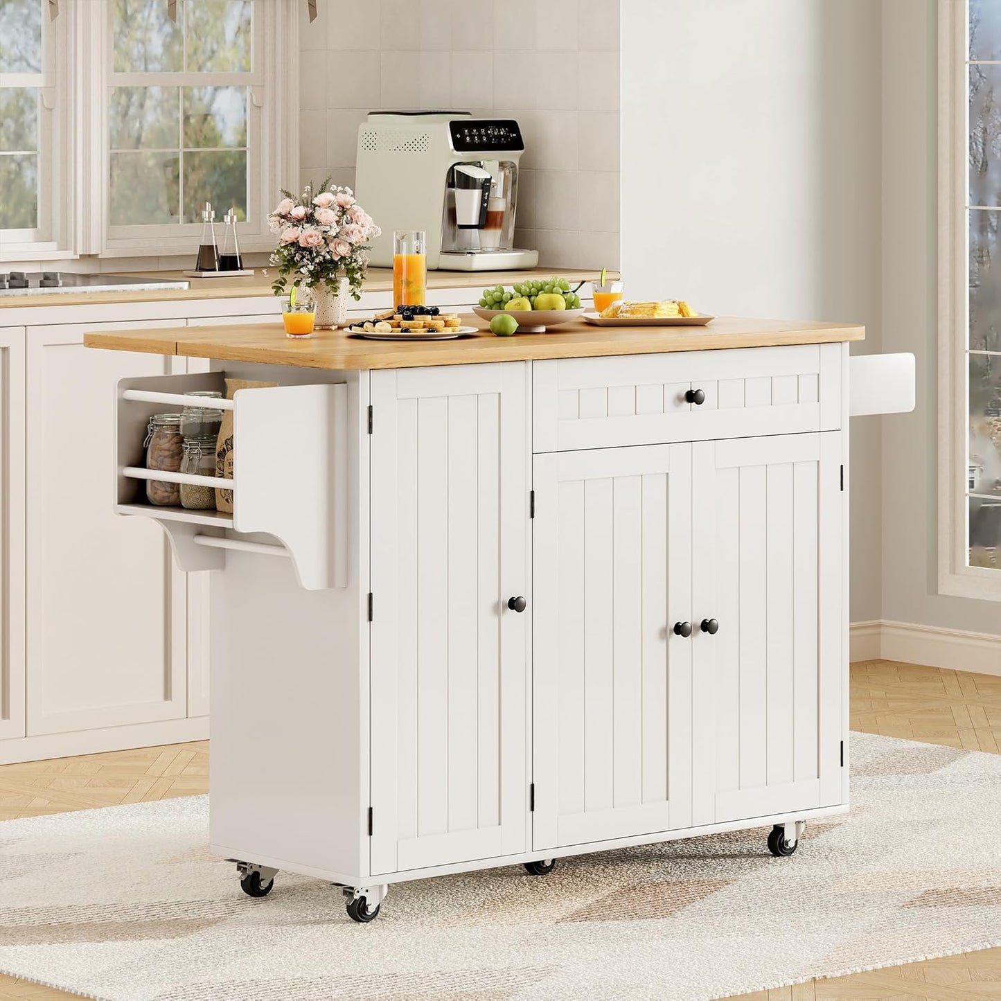 Kitchen Island with Storage, 41.7" Rolling Cart with Drop Leaf, Portable Island Table on Wheels, Spice Rack, Towel Rack and Drawer, White, 41.7" L X 29.5" W
