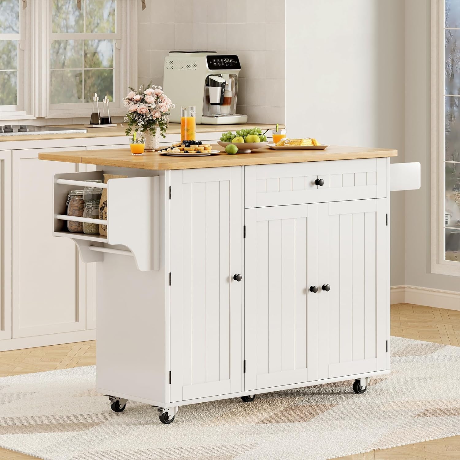 Kitchen Island with Storage, 41.7" Rolling Cart with Drop Leaf, Portable Island Table on Wheels, Spice Rack, Towel Rack and Drawer, White, 41.7" L X 29.5" W
