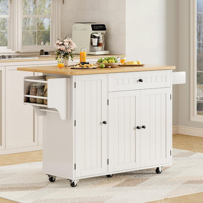 Kitchen Island with Storage, 41.7" Rolling Cart with Drop Leaf, Portable Island Table on Wheels, Spice Rack, Towel Rack and Drawer, White, 41.7" L X 29.5" W