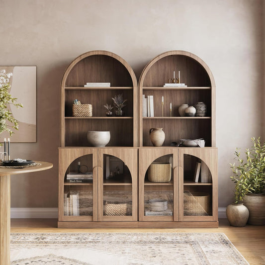 Arched Bookshelf with Glass Doors Set of 2, 71" Tall Wood Display Cabinet with Adjustable Shelf and Hutch, 5 Tier Modern Bookcase Shelf with Storage for Living Room Office, Camel