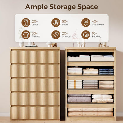 Fluted 5 Drawer Dresser for Bedroom, 43" Tall Dresser for Bedroom, Modern Fluted Chest of Drawers, Handle-Free/Floor-Mounted Wood Drawer Dresser for Living Room, Bedroom, Entryway, Hallway (Oak)