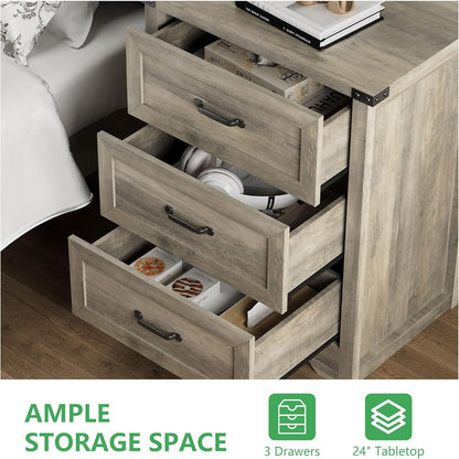 Nightstand with 3 Drawers, 24" Wide Farmhouse Bedside End Table, Rustic Wood Side Table Night Stand with Mental Handle, Tall Modern Small Dresser Chest of Drawers for Bedroom, Living Room, Dorm, Grey