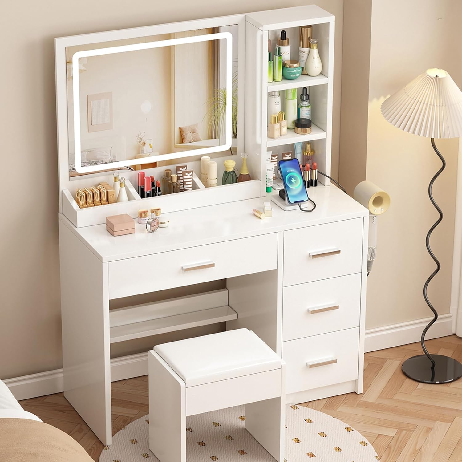 Vanity Desk with Mirror and Lights, 4 Drawers & Benches Vanity Desk Set, 3 Color Lighting Modes Adjustable Brightness Vanity for Bedroom Makeup Table