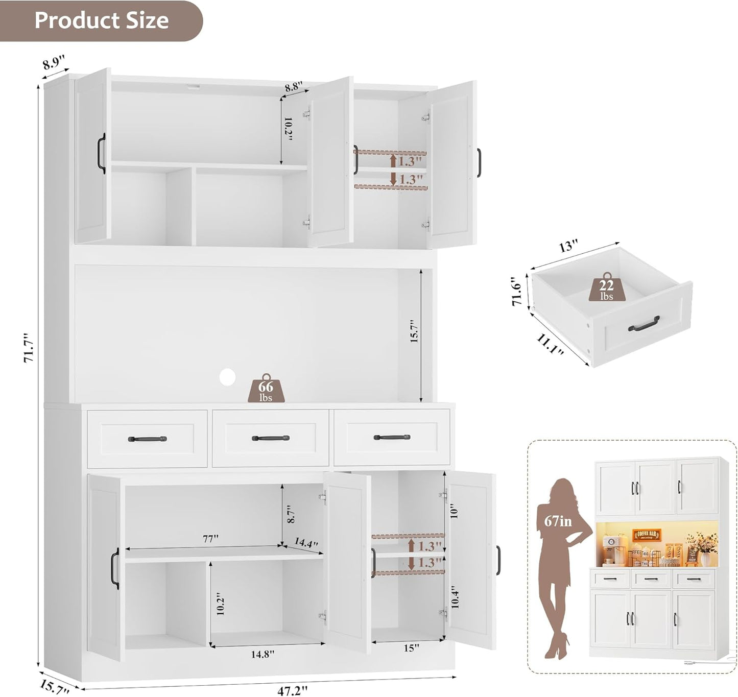 72" Tall Kitchen Pantry Cabinet with Charging Station | LED Lights, 47" W Kitchen Pantry Storage Cabinet with Countertop, Modern Kitchens Hutch Cabinets with Storage for Dining Room, White