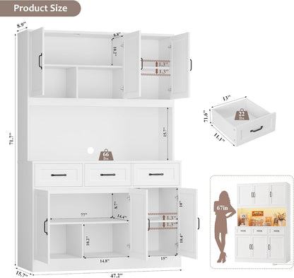 72" Tall Kitchen Pantry Cabinet with Charging Station | LED Lights, 47" W Kitchen Pantry Storage Cabinet with Countertop, Modern Kitchens Hutch Cabinets with Storage for Dining Room, White