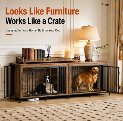 XL Dog Crate Furniture 48'' | Extra Large Heavy Duty Anti-Chew Dog Kennel | Rustic Wooden Entertainment Center & TV Stand with 350LB Top Capacity | Escape Proof Double Door Pet House
