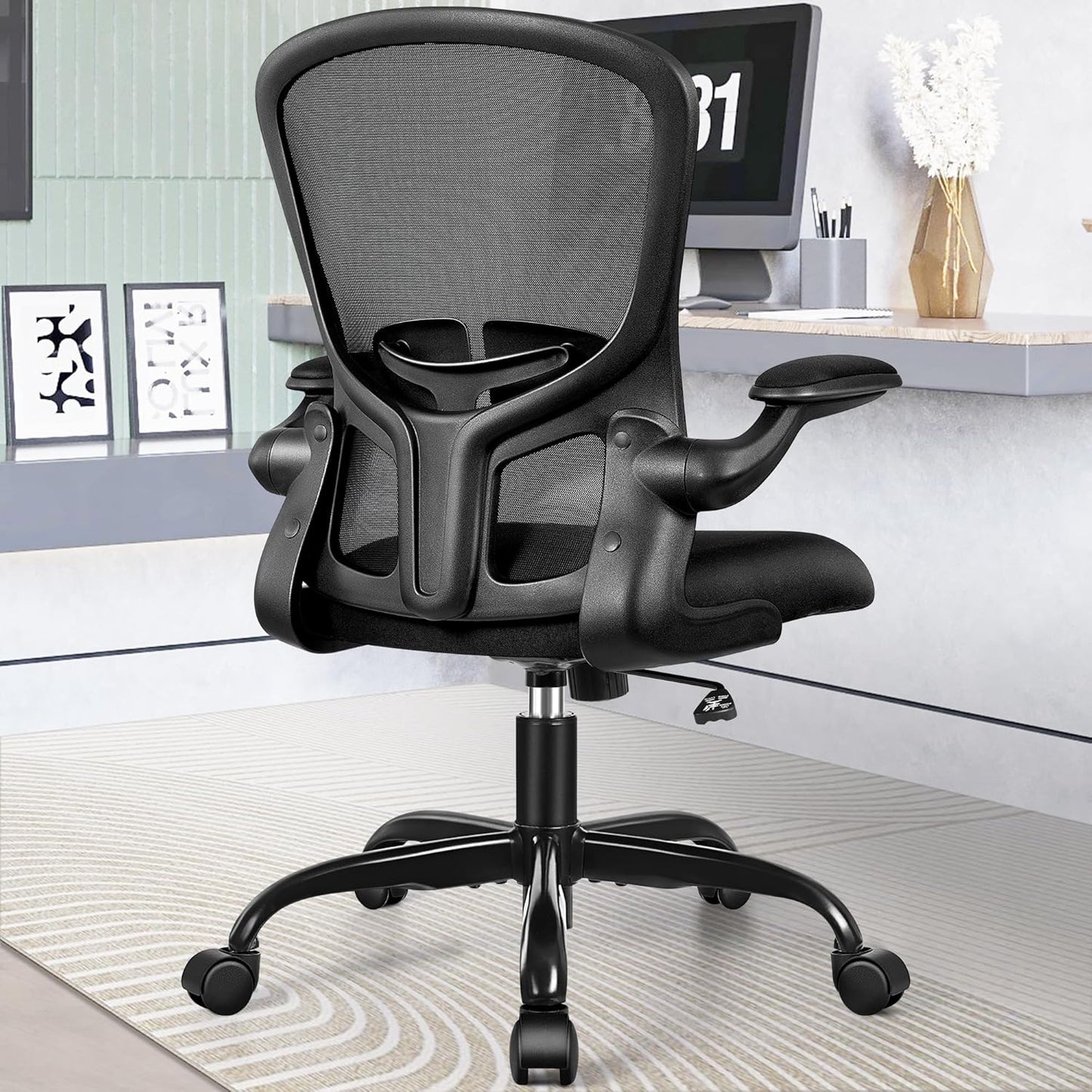 Office Desk Chairs, Ergonomic PC Desk Chair with Wheels, Adjustable Lumbar Support and Height, Swivel Computer Chair with Flip-Up Armrests, Ergo Mesh Backrest for Working (Black)