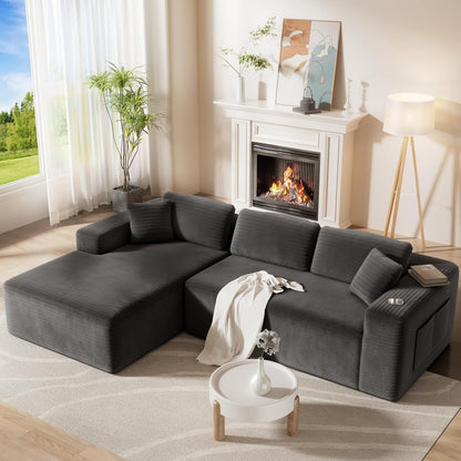 108” Cloud Sectional Couch, Modular Sectional Sofa with Deep Seat, Corduroy Boneless Couches with Chaise for Living Room Bedroom, 4 Storage Pockets& 1 Catch All Tray (Left Facing Chaise, Grey)