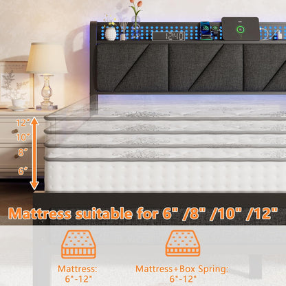 Queen Bed Frame with Headboard and Storage Shelf, LED Light and Charging Station, Metal Platform Bed with Heavy Duty Slats, No Box Spring Needed, Noise Free & Easy Assembly