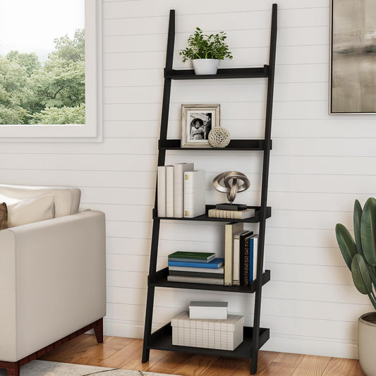 Bookshelf - 5-Tier Ladder Shelf with Leaning Look - Bookcase for Home Decor and Office Storage - Freestanding Book Shelves by  (Black)