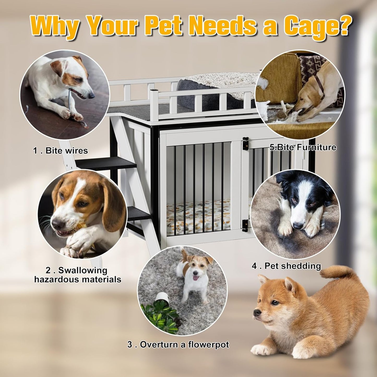 Dog Crate Furniture, Pet Bunk Bed with Stairs and Storage, Dogs/Cats Window Perch, with Multi-Purpose Blanket and Fluffy Dog Bed for Small Medium Size