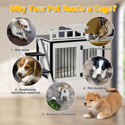 Dog Crate Furniture, Pet Bunk Bed with Stairs and Storage, Dogs/Cats Window Perch, with Multi-Purpose Blanket and Fluffy Dog Bed for Small Medium Size