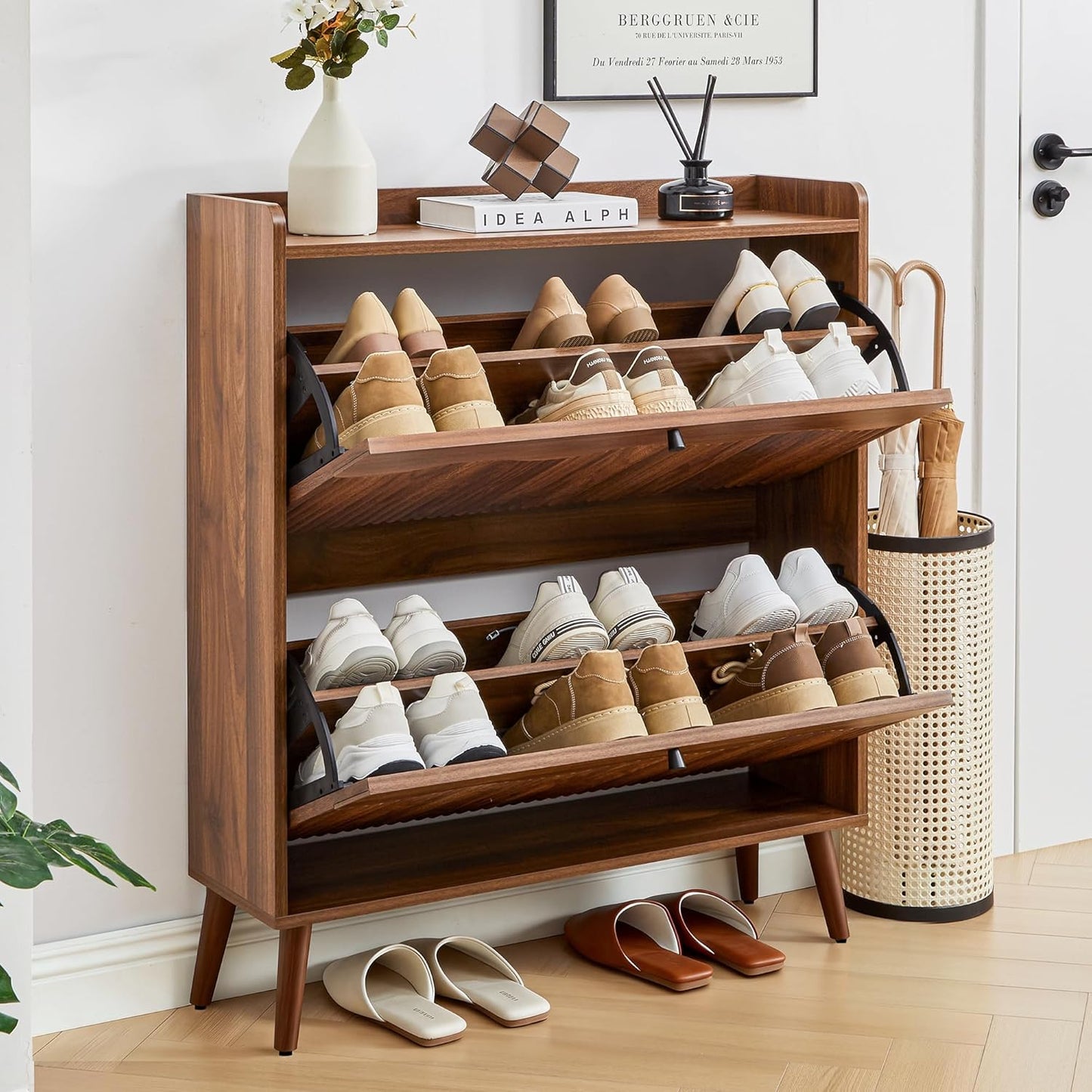 31.5" Fluted Shoe Storage Cabinet with 2 Flip Drawers, Narrow Shoe Storage Organizer Rack with Wave Door for Entryway, Hallway, Living Room