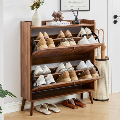 31.5" Fluted Shoe Storage Cabinet with 2 Flip Drawers, Narrow Shoe Storage Organizer Rack with Wave Door for Entryway, Hallway, Living Room