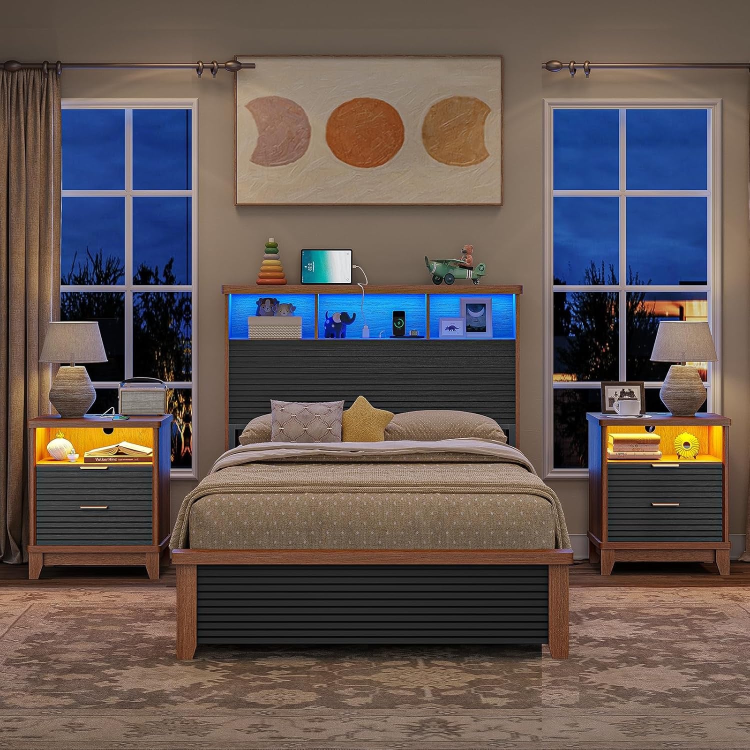 Fluted Night Stand Set of 2 with Charging Station and 2 Drawers, Black Nightstands Set of 2, beside Table with Open Storage and Led Lights, Retro End Side Table for Bedroom, Black