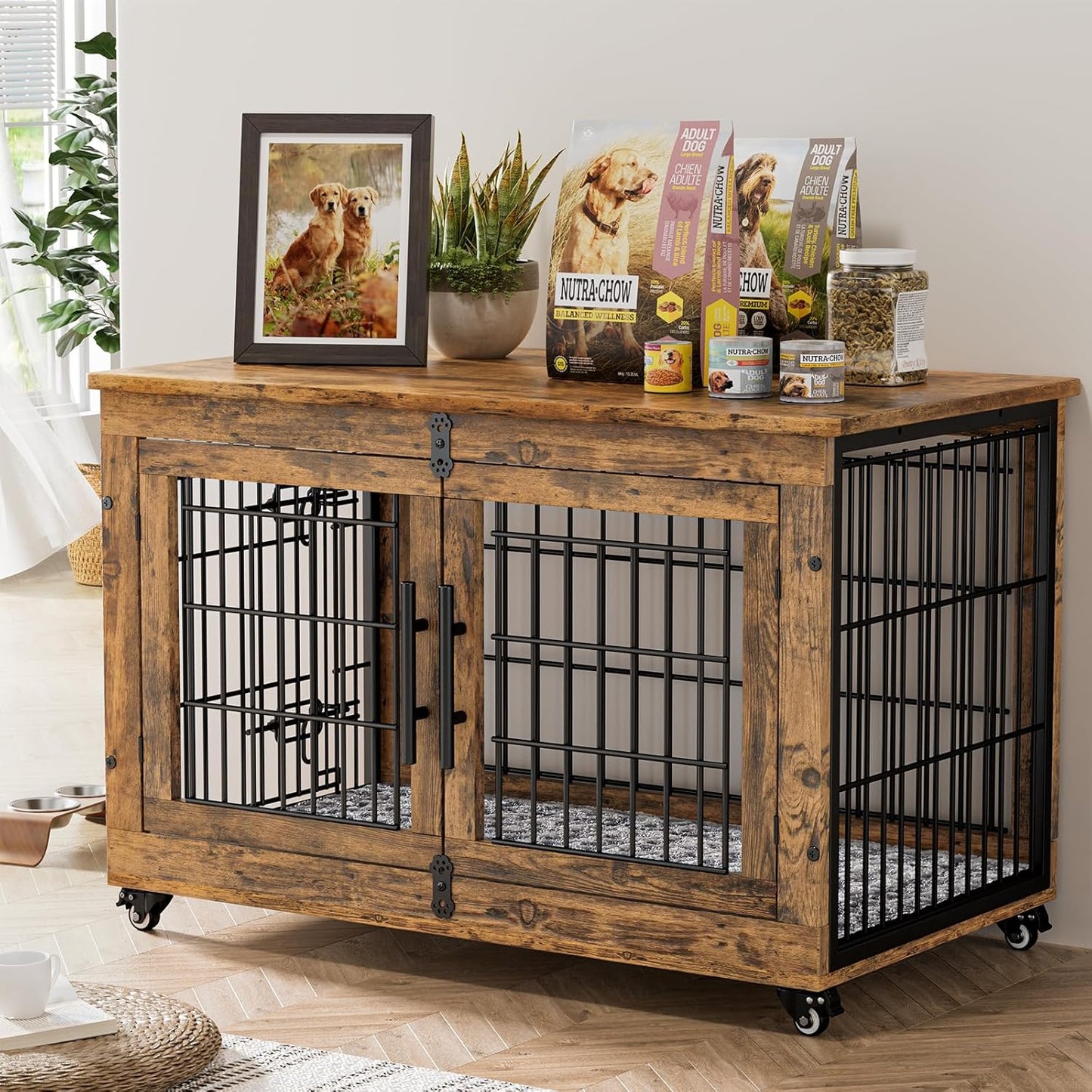 Dog Crate Furniture, Dog Kennel Indoor Double Doors Wooden Dog Cage, 38'' Heavy Duty Dog Crate with Cushion & Wheels, Decorative End Table Pet House Chew-Resistant for Large/Medium, Brown