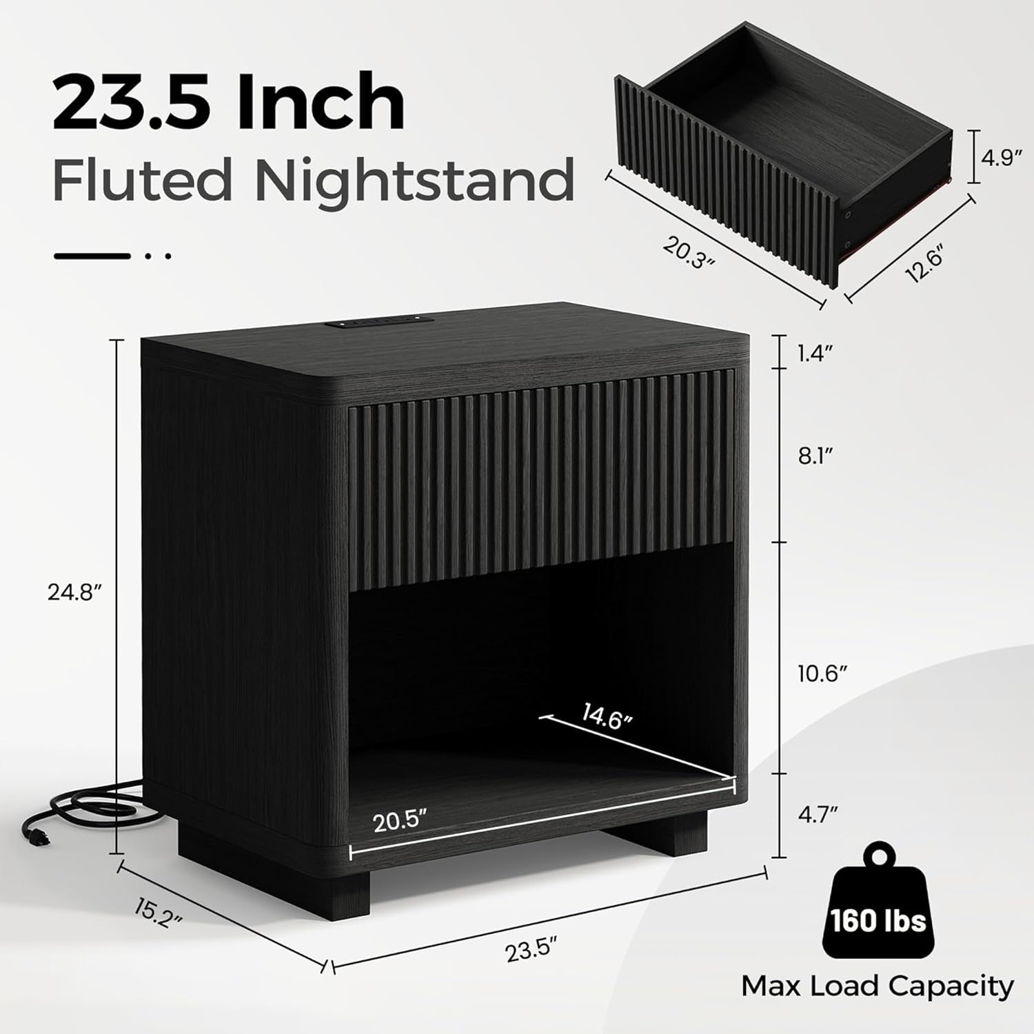 24" Wide Night Stands for Bedrooms Set of 2 with Charging Station, Wood Fluted Nightstand Set of 2 with Drawer and Outlet, 2Pcs Bedside Table for Bedroom