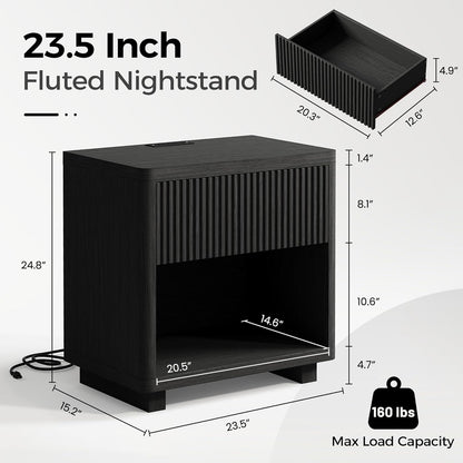 24" Wide Night Stands for Bedrooms Set of 2 with Charging Station, Wood Fluted Nightstand Set of 2 with Drawer and Outlet, 2Pcs Bedside Table for Bedroom