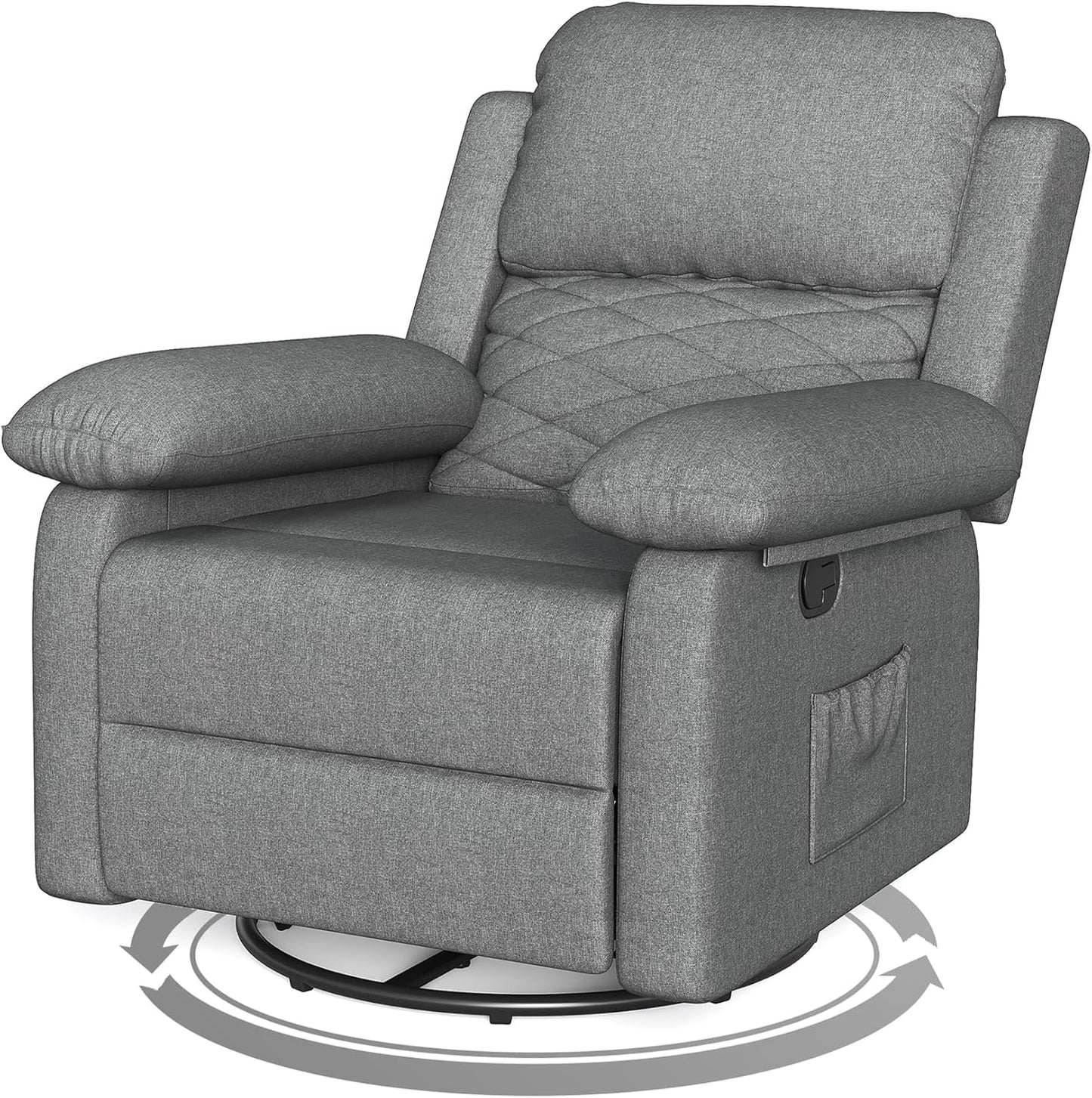 Glider Recliner for Adult Indoor Upholstered Lounge Nursery Chair Swivel Single Sofa with Side Pockets for Living Room Bedroom(Grey)