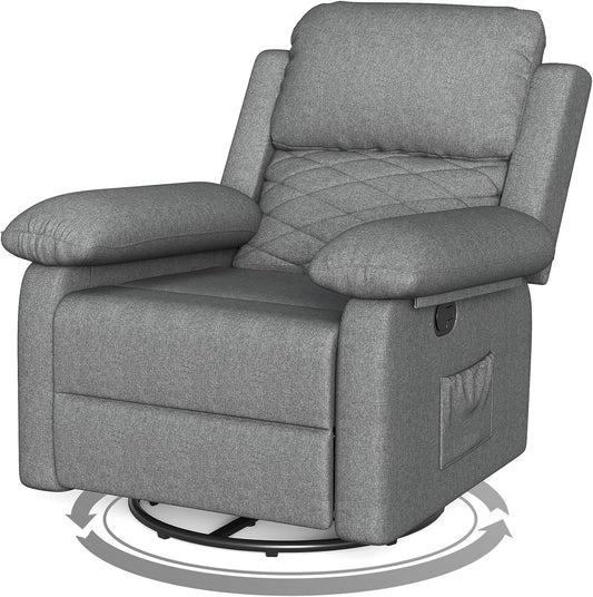 Glider Recliner for Adult Indoor Upholstered Lounge Nursery Chair Swivel Single Sofa with Side Pockets for Living Room Bedroom(Grey)