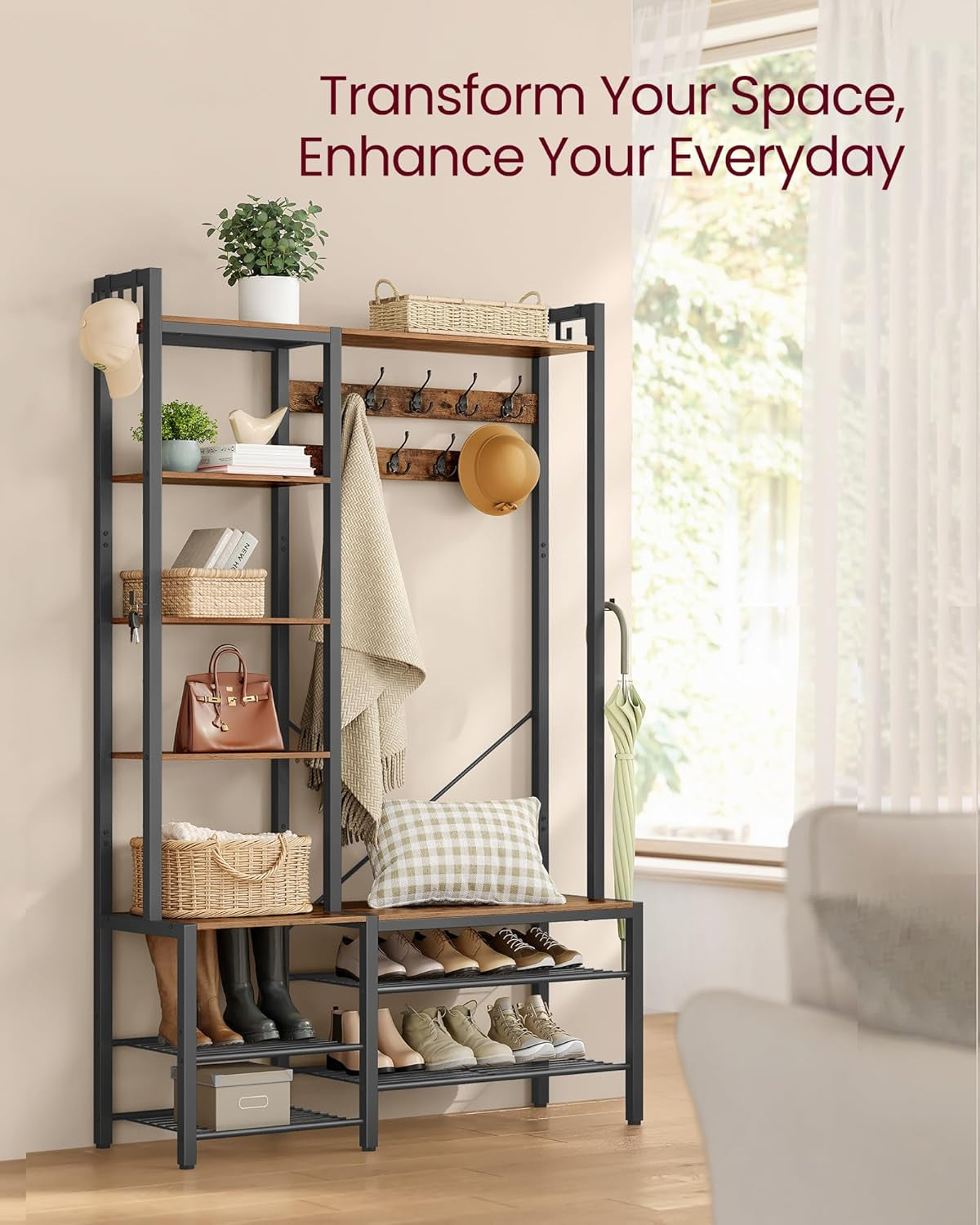 Hall Tree with Bench and Shoe Storage, Entryway Coat Rack with Shoe Bench, 5 Storage Shelves, 9 Coat Hooks, 6 Side Hooks, 15.7 X 47.2 X 74.8 Inches, Rustic Brown and Ink Black UHSR426B01