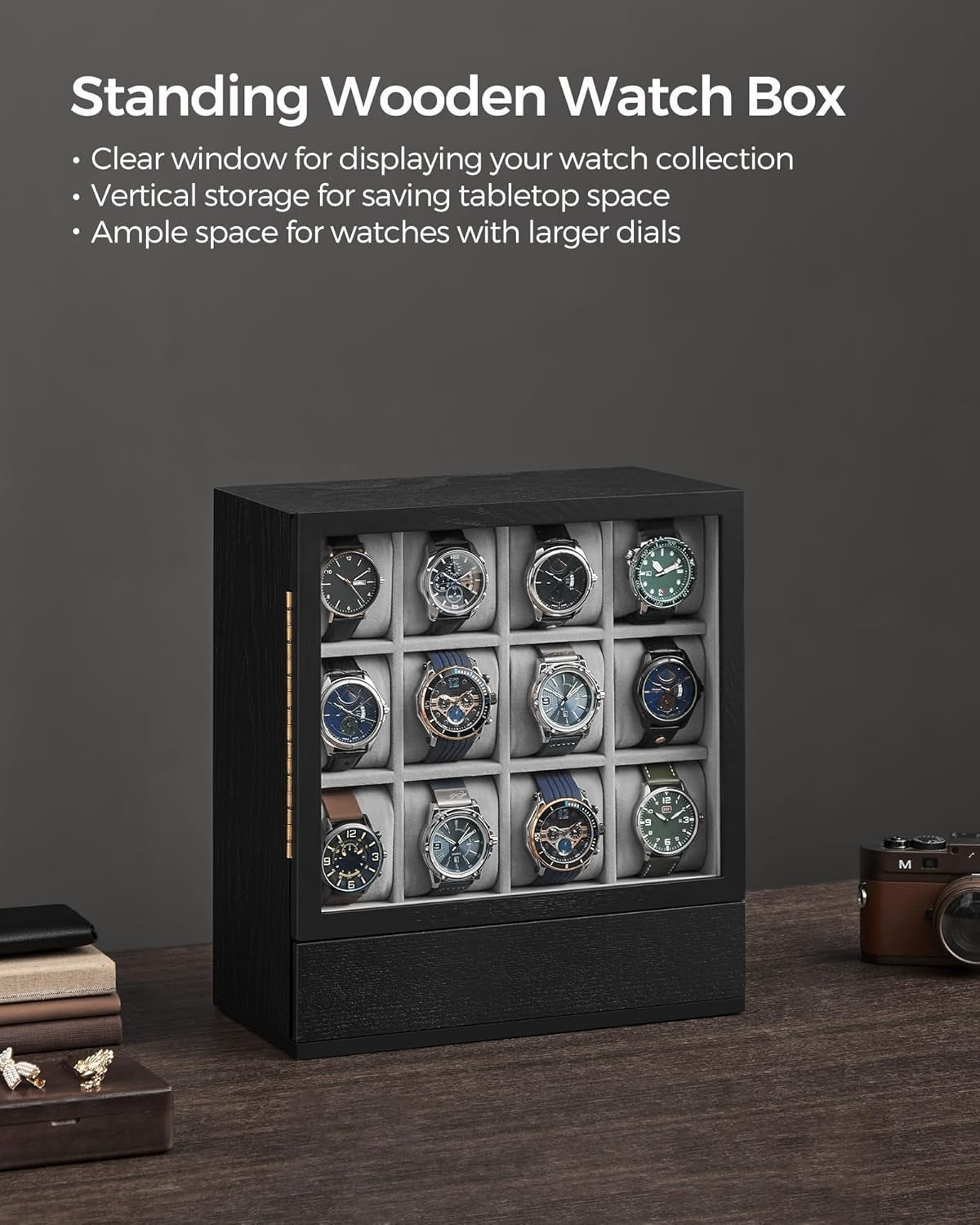 12-Slot Watch Box, Watch Display Case with Window, Solid Wood Veneer, Velvet Lining, Vertical Storage, Space Saving, Gift Idea, Ebony Black UJOW014B01