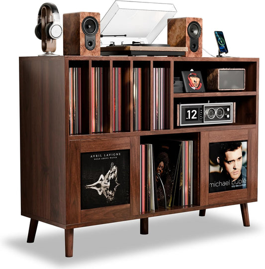 XL Record Player Stand with Sliding Doors, 500+ Vinyl Record Storage Cabinet with Charging Station & USB Ports, Mid Century Modern Record Player Table,Turntable Stand with Wood Legs for Living Room