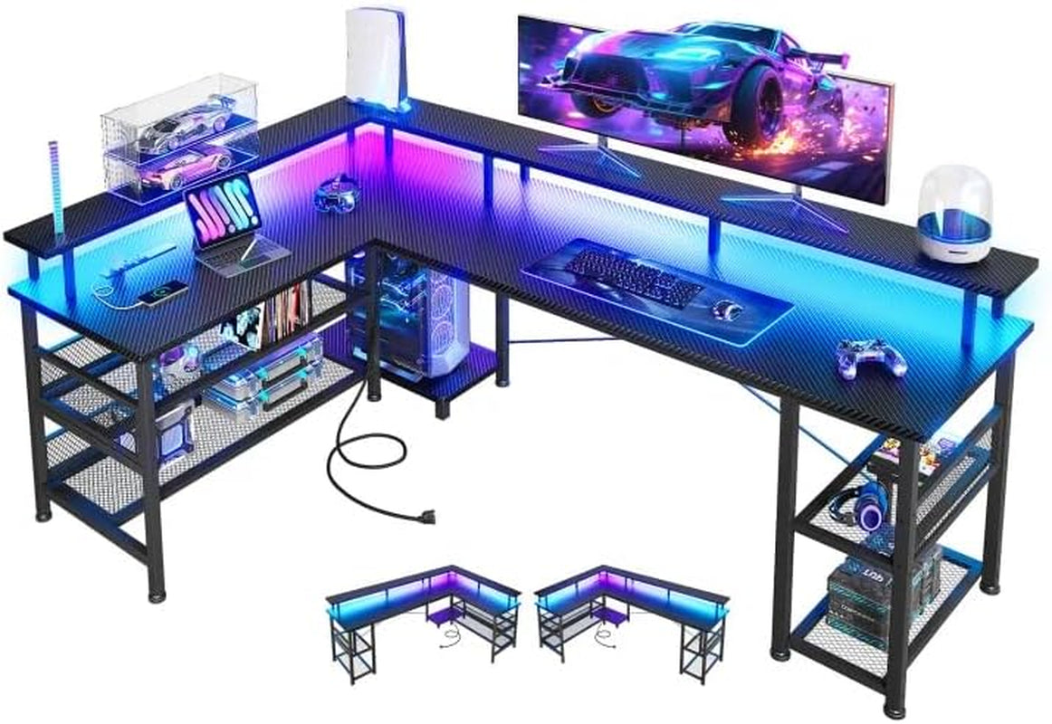 66" L Shaped Gaming Desk with Power Outlet and LED Lights, PC Gaming Table with Carbon Fiber Texture, Reversible L Shape Desk with Storage Shelves & Monitor Stand, Home Office Desk, Black