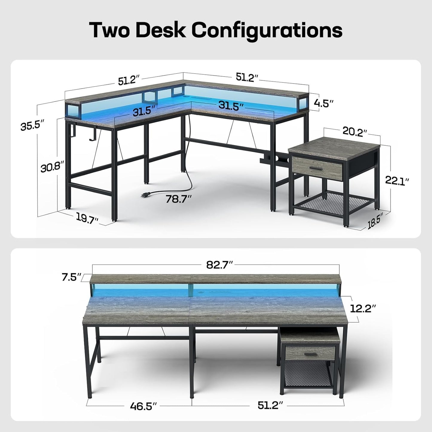 L-Shaped Computer Desk with Monitor Raiser & Printer Stand, Home Office Corner Desk with Power Outlets & LED Light, Ergonomic Gaming Desk with Cable Management Tray, Hooks, Grey